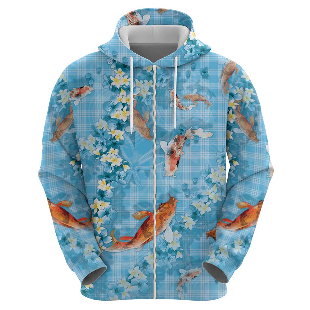 Blue Palaka Hawaiian And Japanese Zip Hoodie Sakura Lei With Koi Fish DT05 - Polynesian Pride