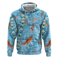 Blue Palaka Hawaiian And Japanese Zip Hoodie Sakura Lei With Koi Fish DT05 Pullover Hoodie Blue - Polynesian Pride