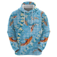 Blue Palaka Hawaiian And Japanese Zip Hoodie Sakura Lei With Koi Fish DT05 - Polynesian Pride