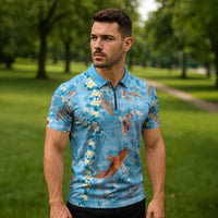 Blue Palaka Hawaiian And Japanese Zipper Polo Shirt Sakura Lei With Koi Fish - Polynesian Pride