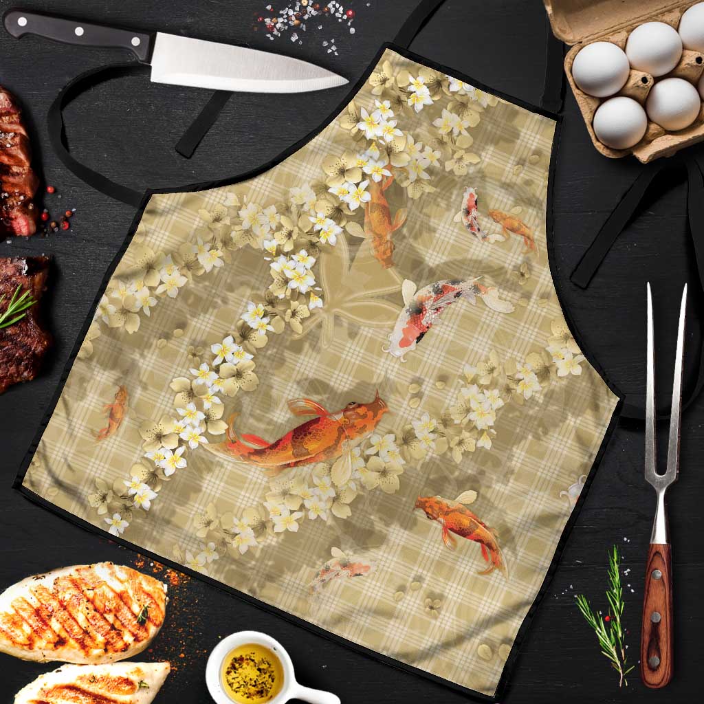 Beige Palaka Hawaiian And Japanese Apron Sakura Lei With Koi Fish DT05 Beige - Polynesian Pride