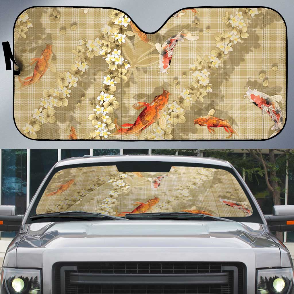 Beige Palaka Hawaiian And Japanese Auto Sun Shade Sakura Lei With Koi Fish - Polynesian Pride