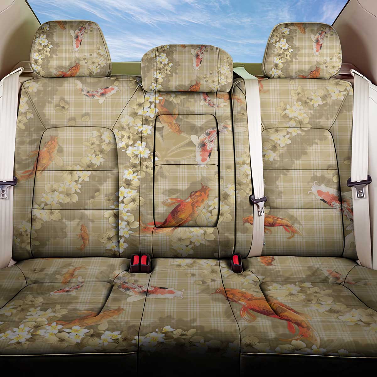 Beige Palaka Hawaiian And Japanese Back Car Seat Cover Sakura Lei With Koi Fish DT05 One Size Beige - Polynesian Pride