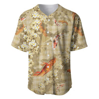 Beige Palaka Hawaiian And Japanese Baseball Jersey Sakura Lei With Koi Fish DT05 Beige - Polynesian Pride