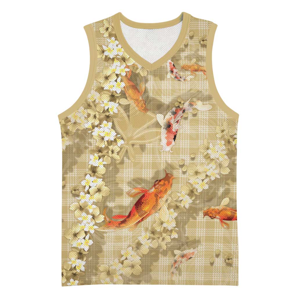 Beige Palaka Hawaiian And Japanese Basketball Jersey Sakura Lei With Koi Fish DT05 Unisex Beige - Polynesian Pride