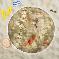 Beige Palaka Hawaiian And Japanese Beach Blanket Sakura Lei With Koi Fish - Polynesian Pride