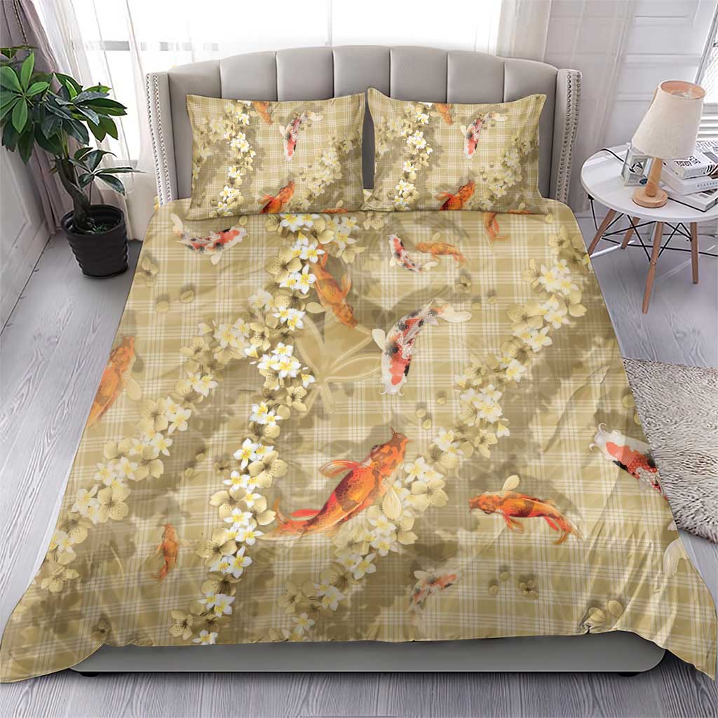 Beige Palaka Hawaiian And Japanese Bedding Set Sakura Lei With Koi Fish - Polynesian Pride