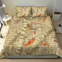 Beige Palaka Hawaiian And Japanese Bedding Set Sakura Lei With Koi Fish - Polynesian Pride
