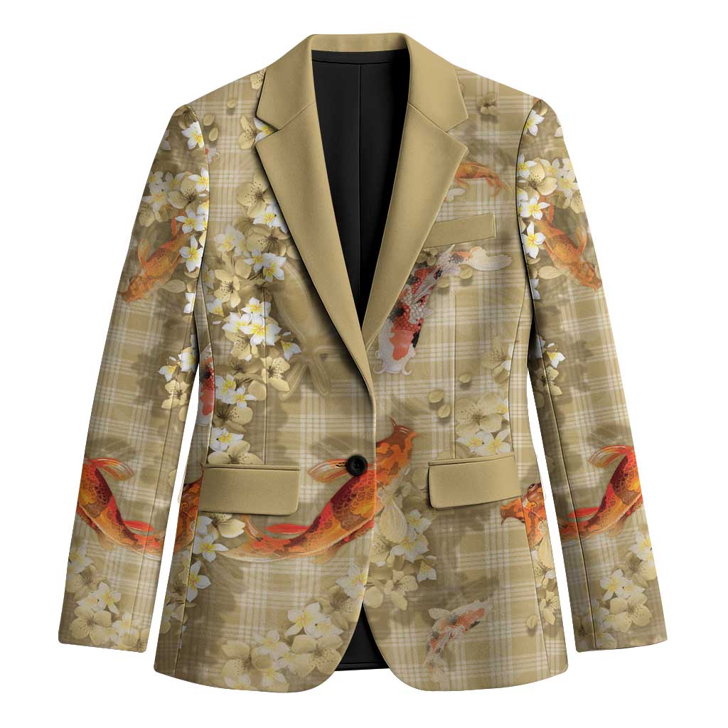 Beige Palaka Hawaiian And Japanese Blazer Sakura Lei With Koi Fish - Polynesian Pride