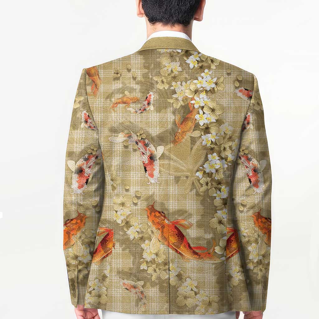 Beige Palaka Hawaiian And Japanese Blazer Sakura Lei With Koi Fish - Polynesian Pride