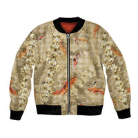 Beige Palaka Hawaiian And Japanese Bomber Jacket Sakura Lei With Koi Fish - Polynesian Pride