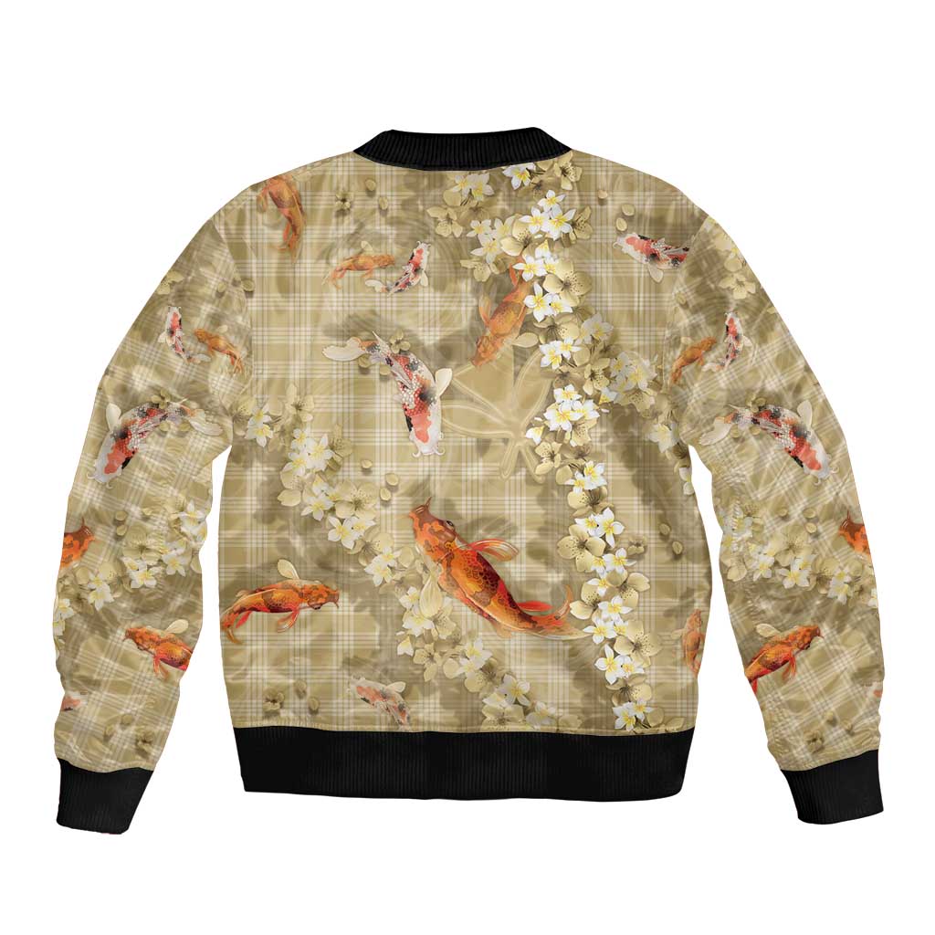Beige Palaka Hawaiian And Japanese Bomber Jacket Sakura Lei With Koi Fish - Polynesian Pride