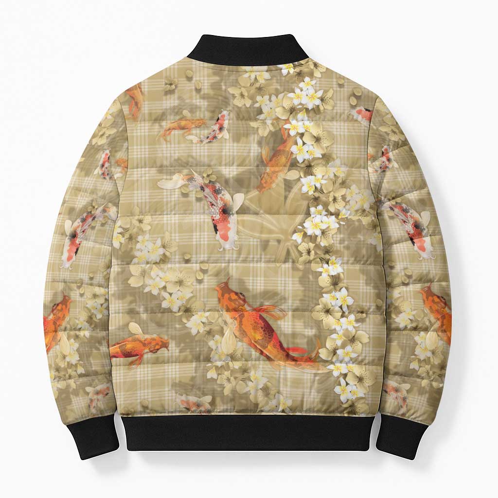 Beige Palaka Hawaiian And Japanese Bomber Puffer Jacket Sakura Lei With Koi Fish DT05 - Polynesian Pride