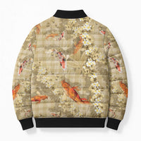 Beige Palaka Hawaiian And Japanese Bomber Puffer Jacket Sakura Lei With Koi Fish DT05 - Polynesian Pride