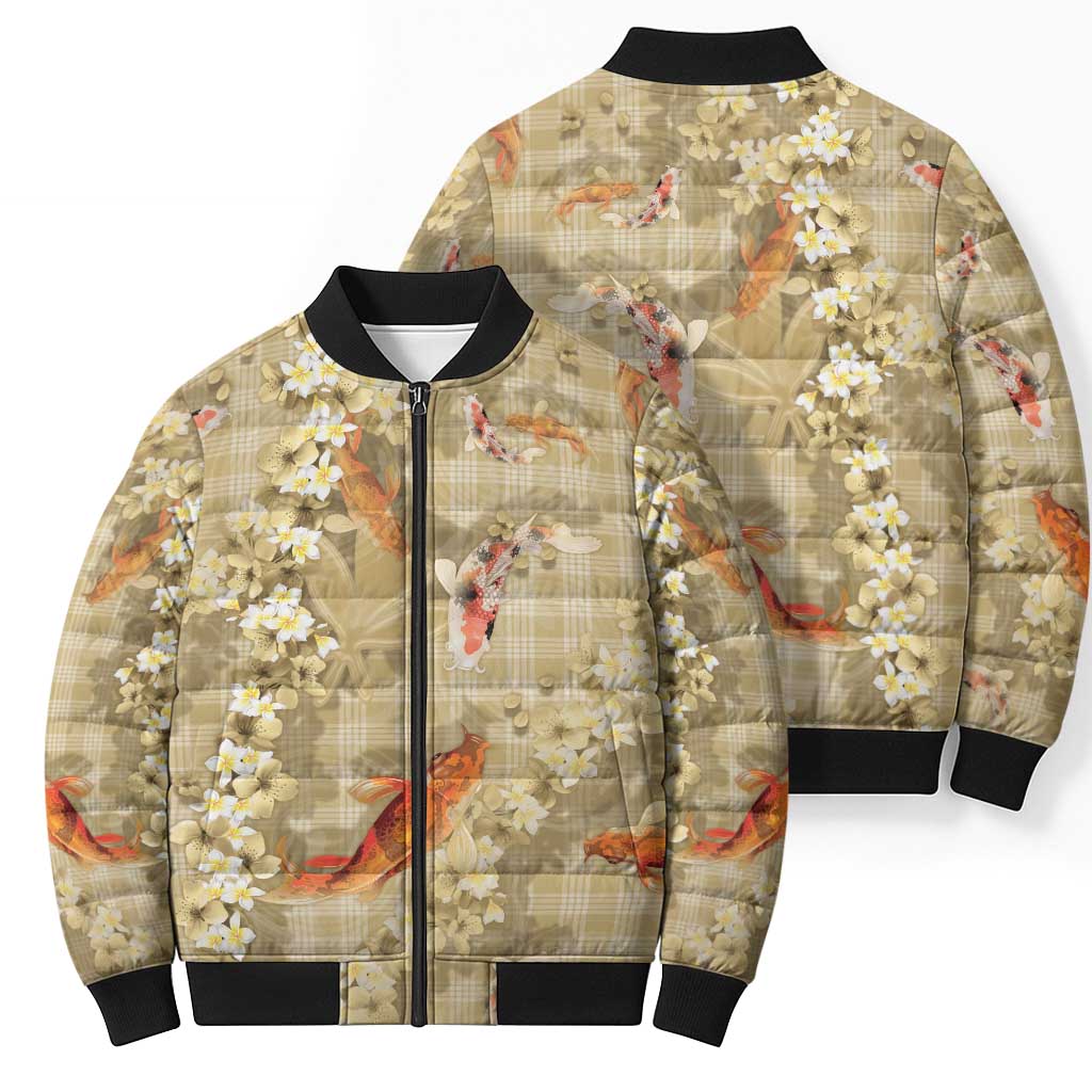 Beige Palaka Hawaiian And Japanese Bomber Puffer Jacket Sakura Lei With Koi Fish DT05 - Polynesian Pride