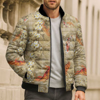 Beige Palaka Hawaiian And Japanese Bomber Puffer Jacket Sakura Lei With Koi Fish DT05 - Polynesian Pride