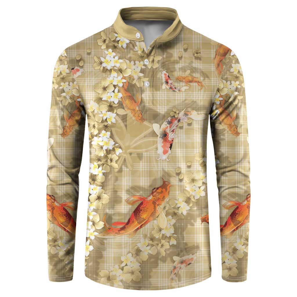 Beige Palaka Hawaiian And Japanese Button Sweatshirt Sakura Lei With Koi Fish DT05 Beige - Polynesian Pride