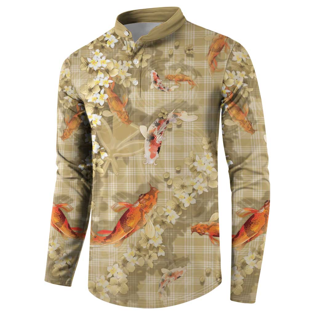 Beige Palaka Hawaiian And Japanese Button Sweatshirt Sakura Lei With Koi Fish DT05 - Polynesian Pride