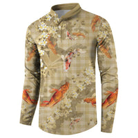 Beige Palaka Hawaiian And Japanese Button Sweatshirt Sakura Lei With Koi Fish DT05 - Polynesian Pride