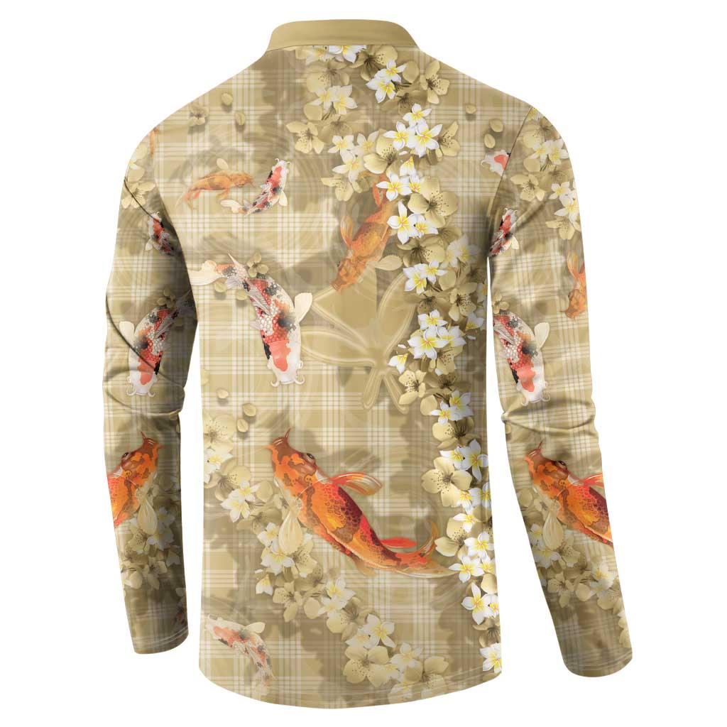 Beige Palaka Hawaiian And Japanese Button Sweatshirt Sakura Lei With Koi Fish DT05 - Polynesian Pride