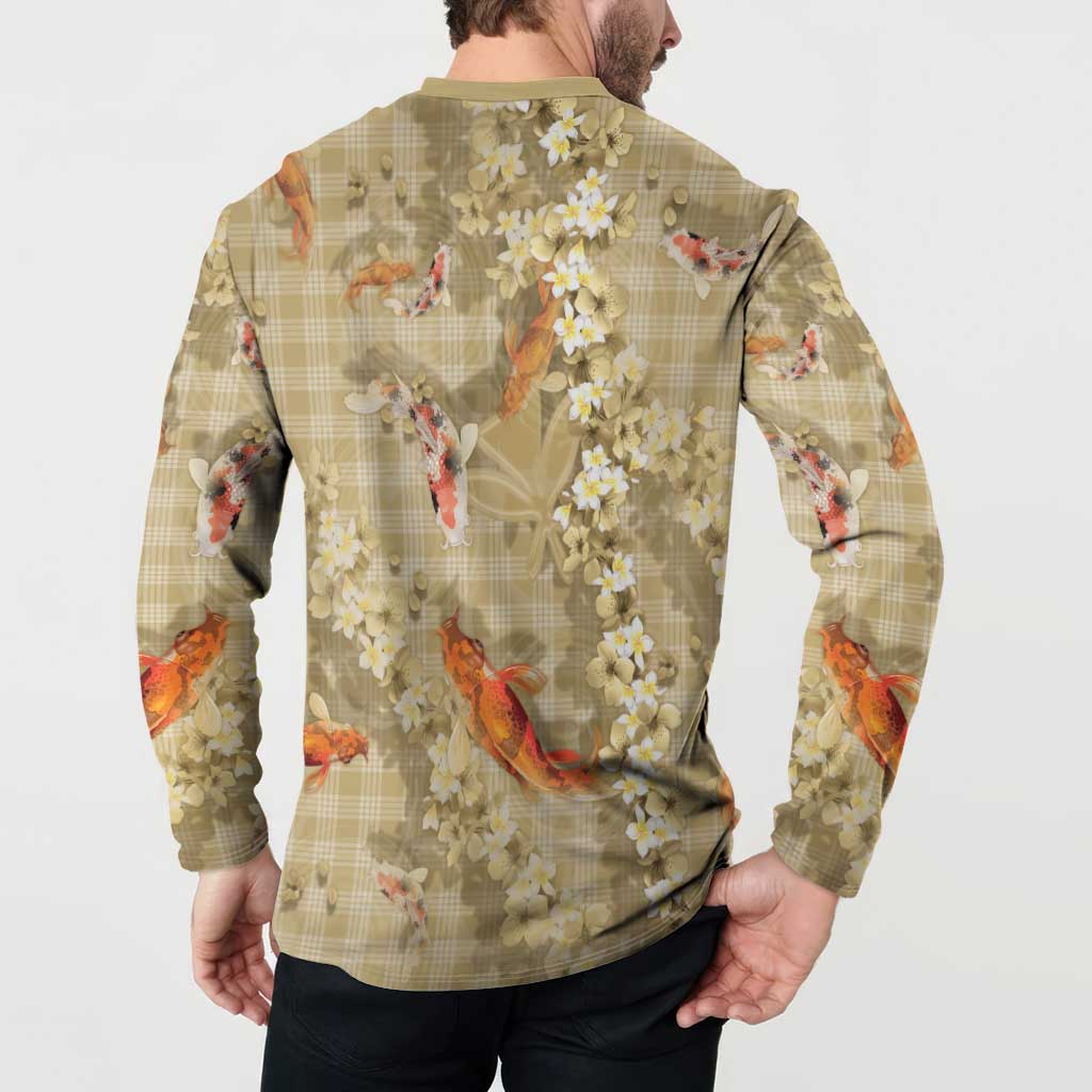 Beige Palaka Hawaiian And Japanese Button Sweatshirt Sakura Lei With Koi Fish DT05 - Polynesian Pride