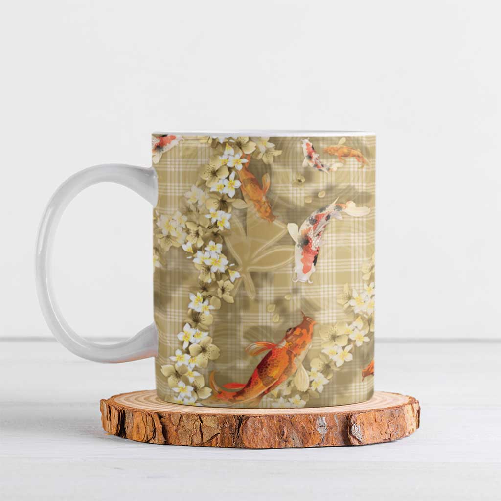Beige Palaka Hawaiian And Japanese Ceramic Mug Sakura Lei With Koi Fish DT05 Beige - Polynesian Pride