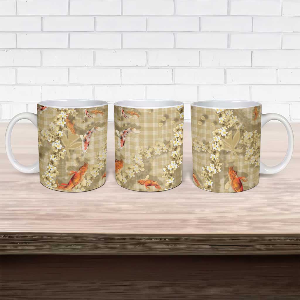 Beige Palaka Hawaiian And Japanese Ceramic Mug Sakura Lei With Koi Fish DT05 - Polynesian Pride