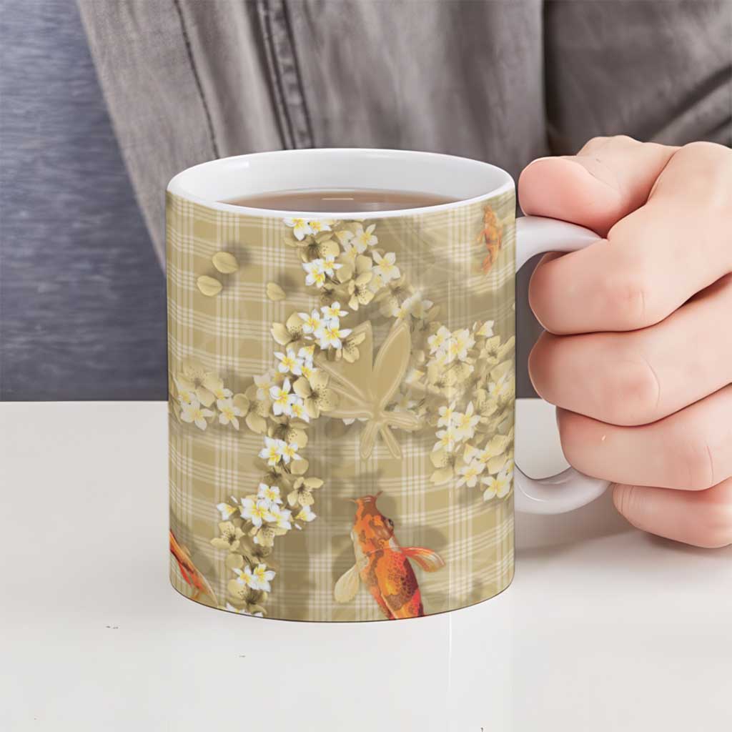 Beige Palaka Hawaiian And Japanese Ceramic Mug Sakura Lei With Koi Fish DT05 - Polynesian Pride