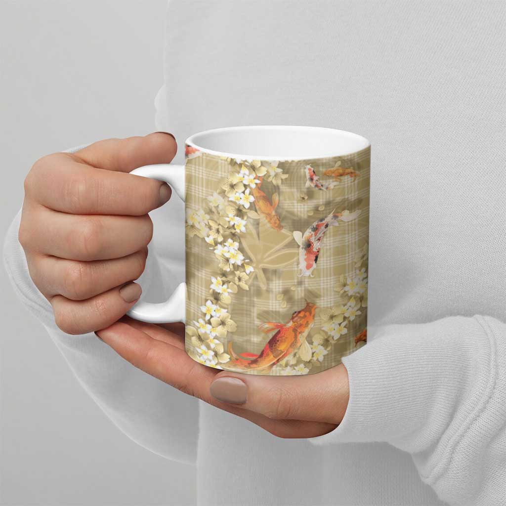 Beige Palaka Hawaiian And Japanese Ceramic Mug Sakura Lei With Koi Fish DT05 - Polynesian Pride