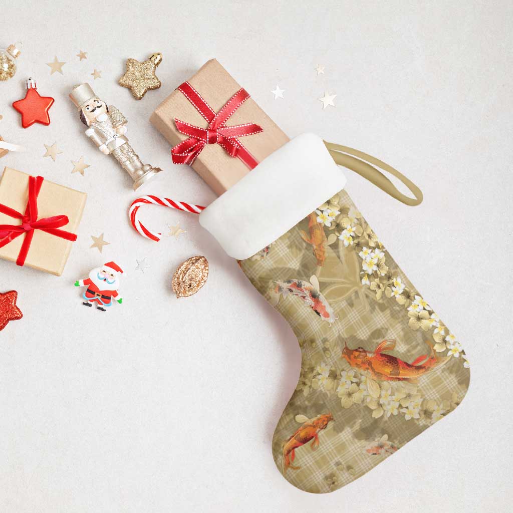 Beige Palaka Hawaiian And Japanese Christmas Stocking Sakura Lei With Koi Fish - Polynesian Pride