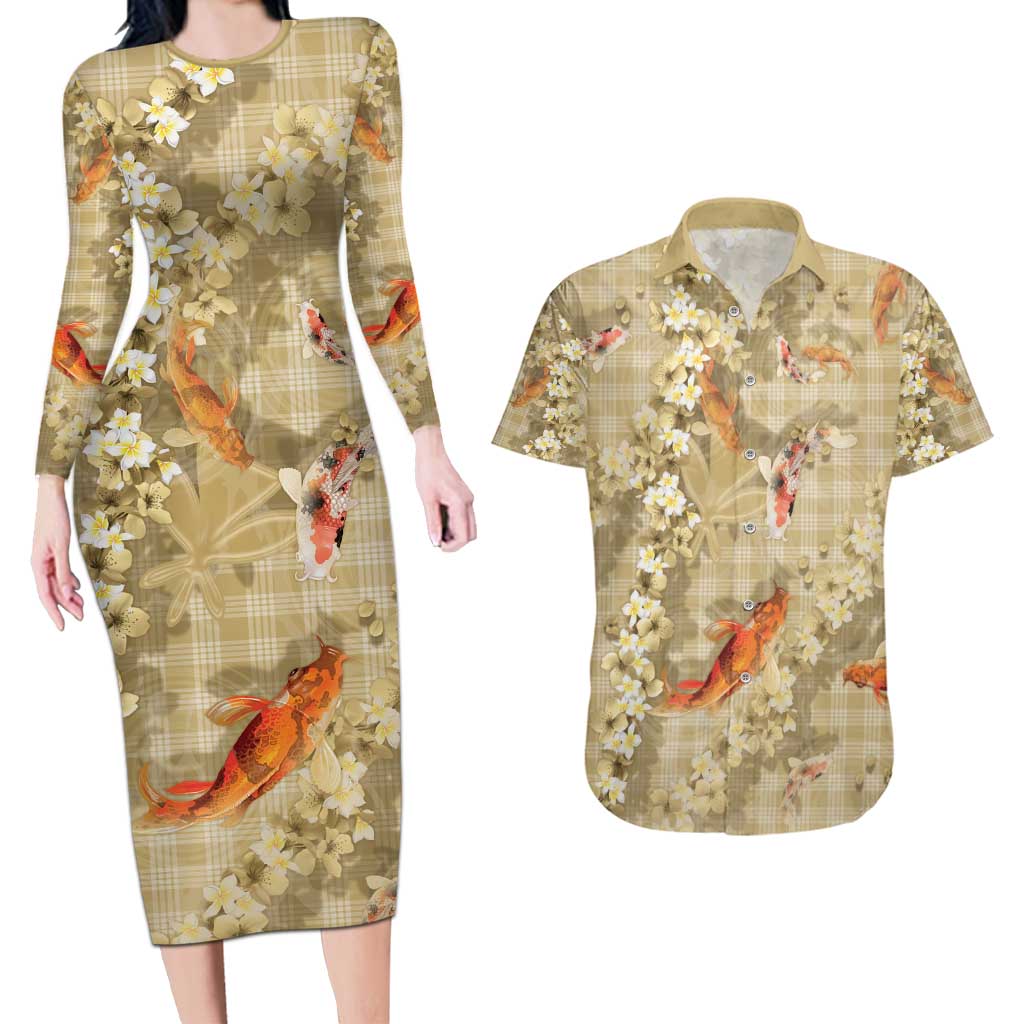 Beige Palaka Hawaiian And Japanese Couples Matching Long Sleeve Bodycon Dress and Hawaiian Shirt Sakura Lei With Koi Fish - Polynesian Pride