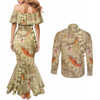 Beige Palaka Hawaiian And Japanese Couples Matching Mermaid Dress and Long Sleeve Button Shirt Sakura Lei With Koi Fish - Polynesian Pride