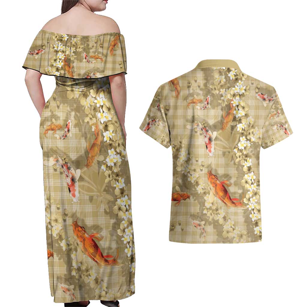 Beige Palaka Hawaiian And Japanese Couples Matching Off Shoulder Maxi Dress and Hawaiian Shirt Sakura Lei With Koi Fish - Polynesian Pride