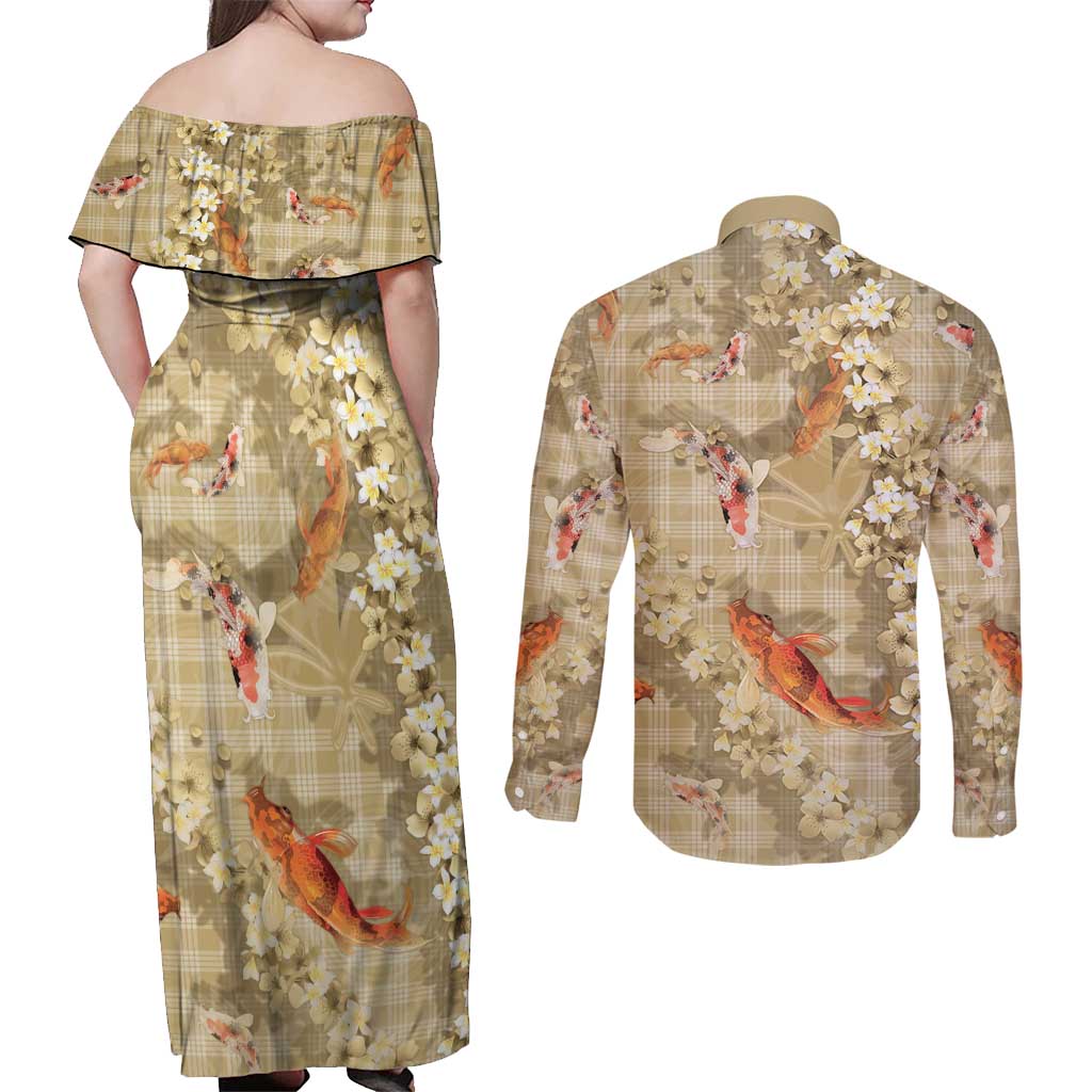 Beige Palaka Hawaiian And Japanese Couples Matching Off Shoulder Maxi Dress and Long Sleeve Button Shirt Sakura Lei With Koi Fish - Polynesian Pride