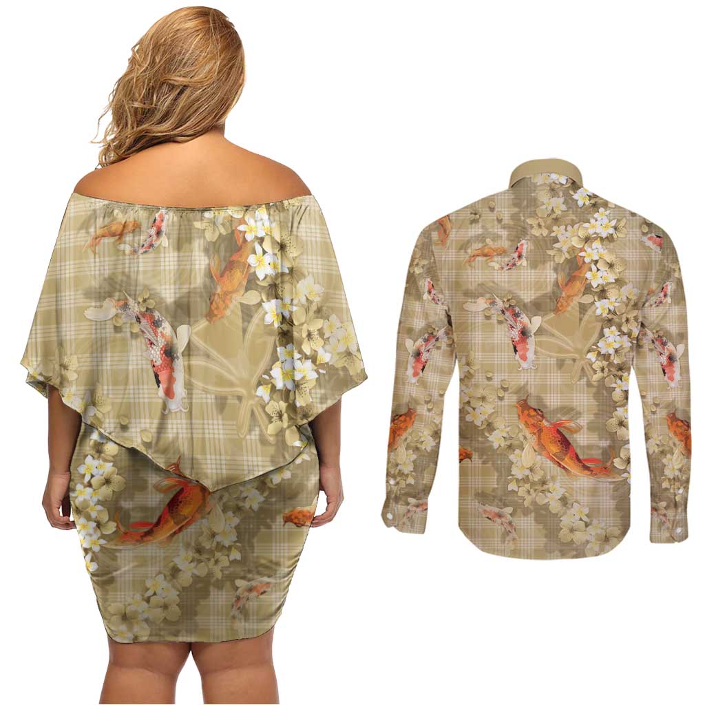 Beige Palaka Hawaiian And Japanese Couples Matching Off Shoulder Short Dress and Long Sleeve Button Shirt Sakura Lei With Koi Fish - Polynesian Pride