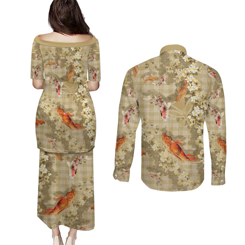 Beige Palaka Hawaiian And Japanese Couples Matching Puletasi and Long Sleeve Button Shirt Sakura Lei With Koi Fish DT05 - Polynesian Pride