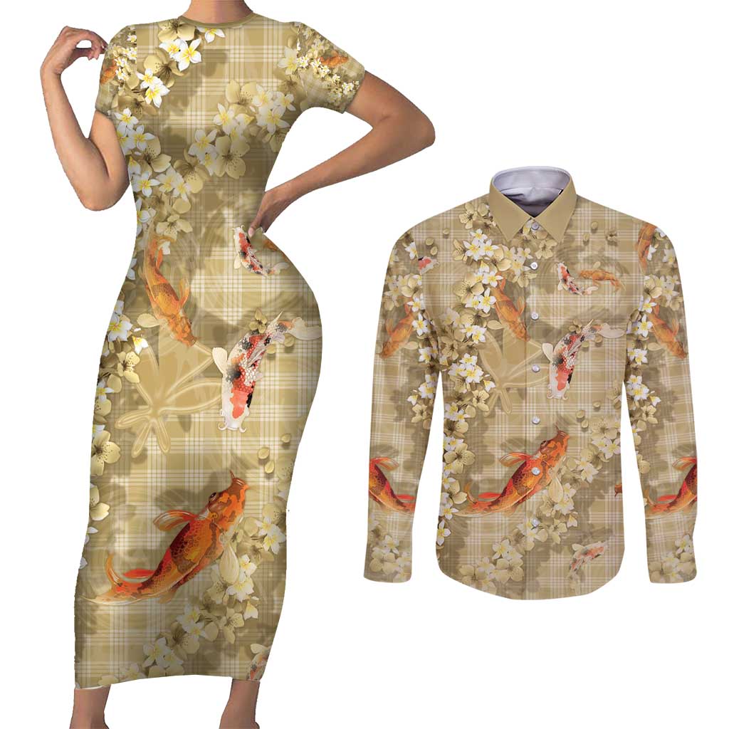 Beige Palaka Hawaiian And Japanese Couples Matching Short Sleeve Bodycon Dress and Long Sleeve Button Shirt Sakura Lei With Koi Fish - Polynesian Pride