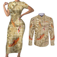 Beige Palaka Hawaiian And Japanese Couples Matching Short Sleeve Bodycon Dress and Long Sleeve Button Shirt Sakura Lei With Koi Fish - Polynesian Pride
