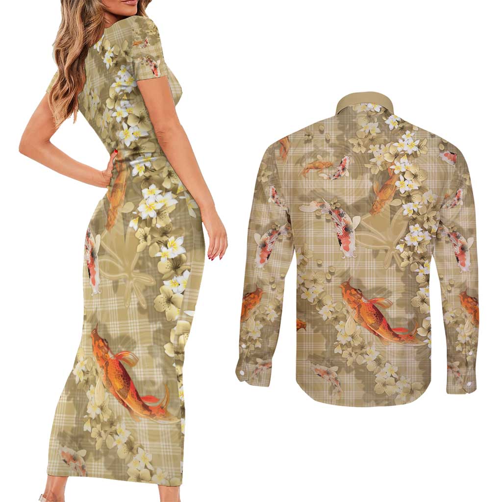 Beige Palaka Hawaiian And Japanese Couples Matching Short Sleeve Bodycon Dress and Long Sleeve Button Shirt Sakura Lei With Koi Fish - Polynesian Pride