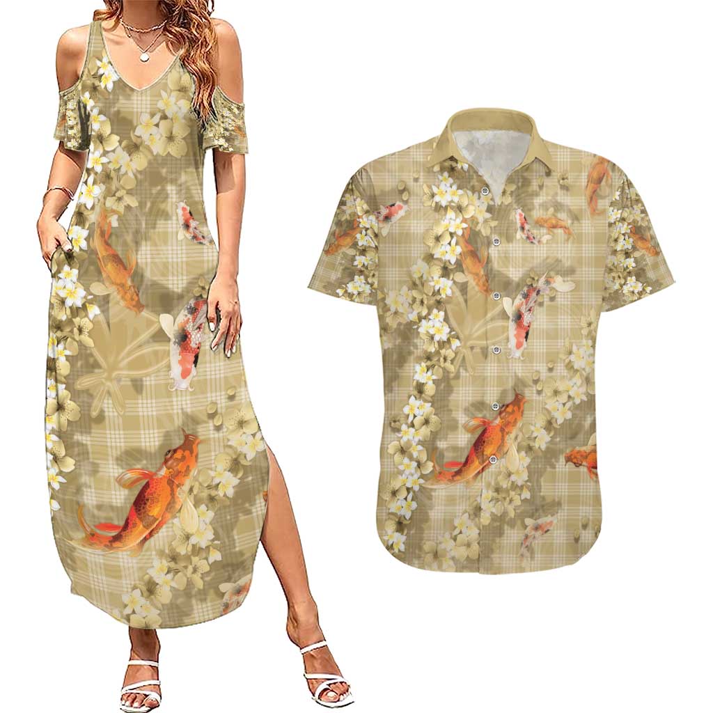 Beige Palaka Hawaiian And Japanese Couples Matching Summer Maxi Dress and Hawaiian Shirt Sakura Lei With Koi Fish - Polynesian Pride