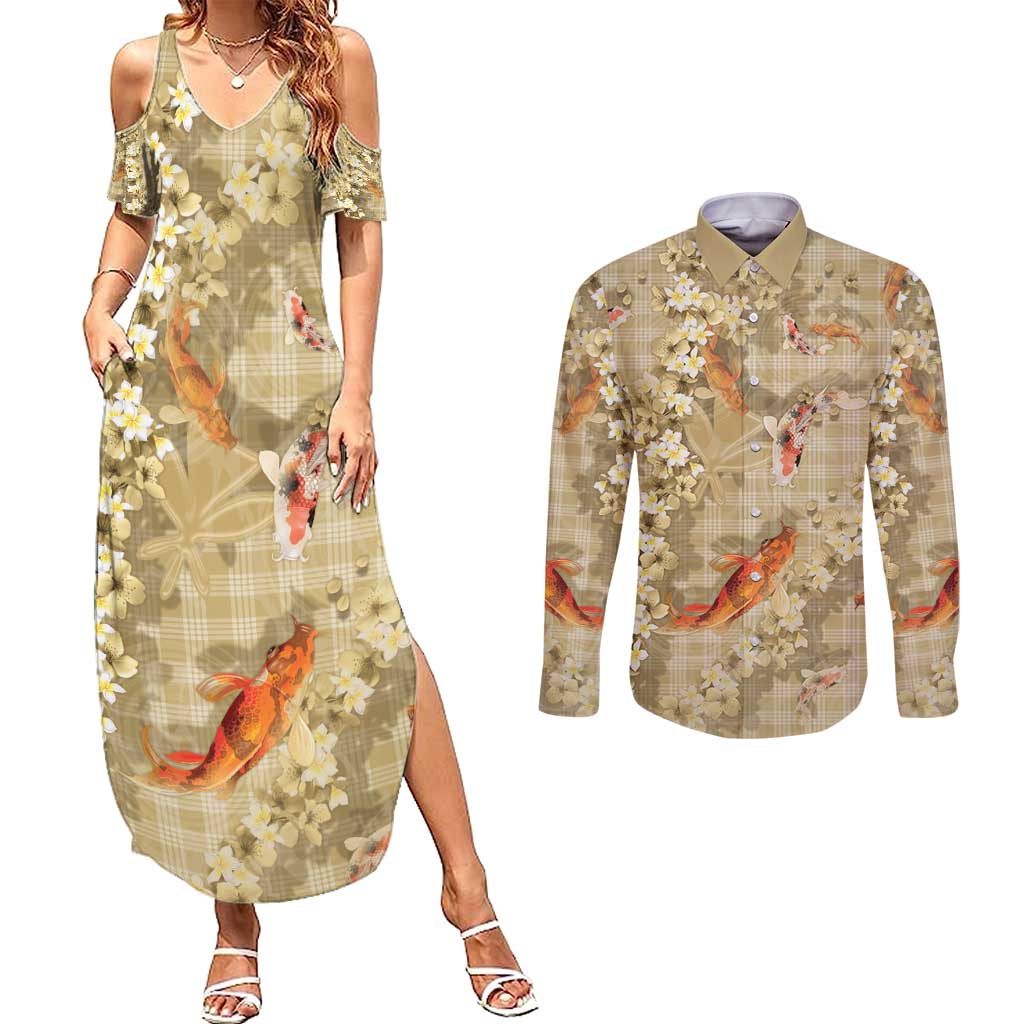Beige Palaka Hawaiian And Japanese Couples Matching Summer Maxi Dress and Long Sleeve Button Shirt Sakura Lei With Koi Fish - Polynesian Pride