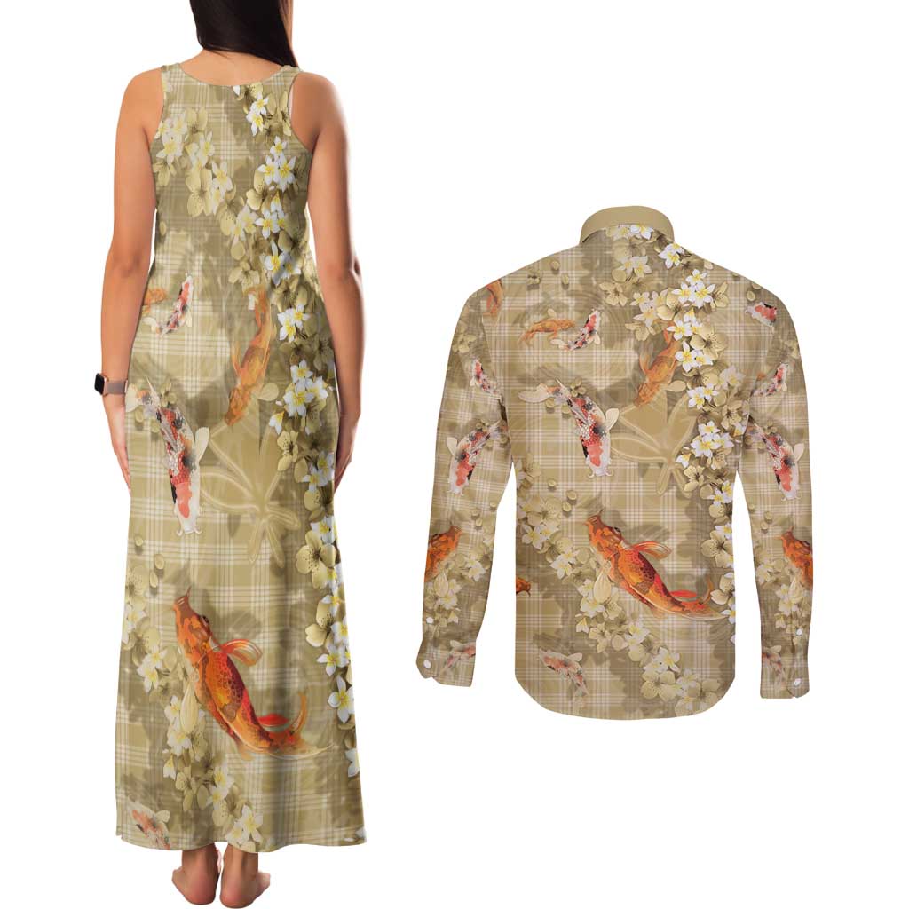 Beige Palaka Hawaiian And Japanese Couples Matching Tank Maxi Dress and Long Sleeve Button Shirt Sakura Lei With Koi Fish - Polynesian Pride