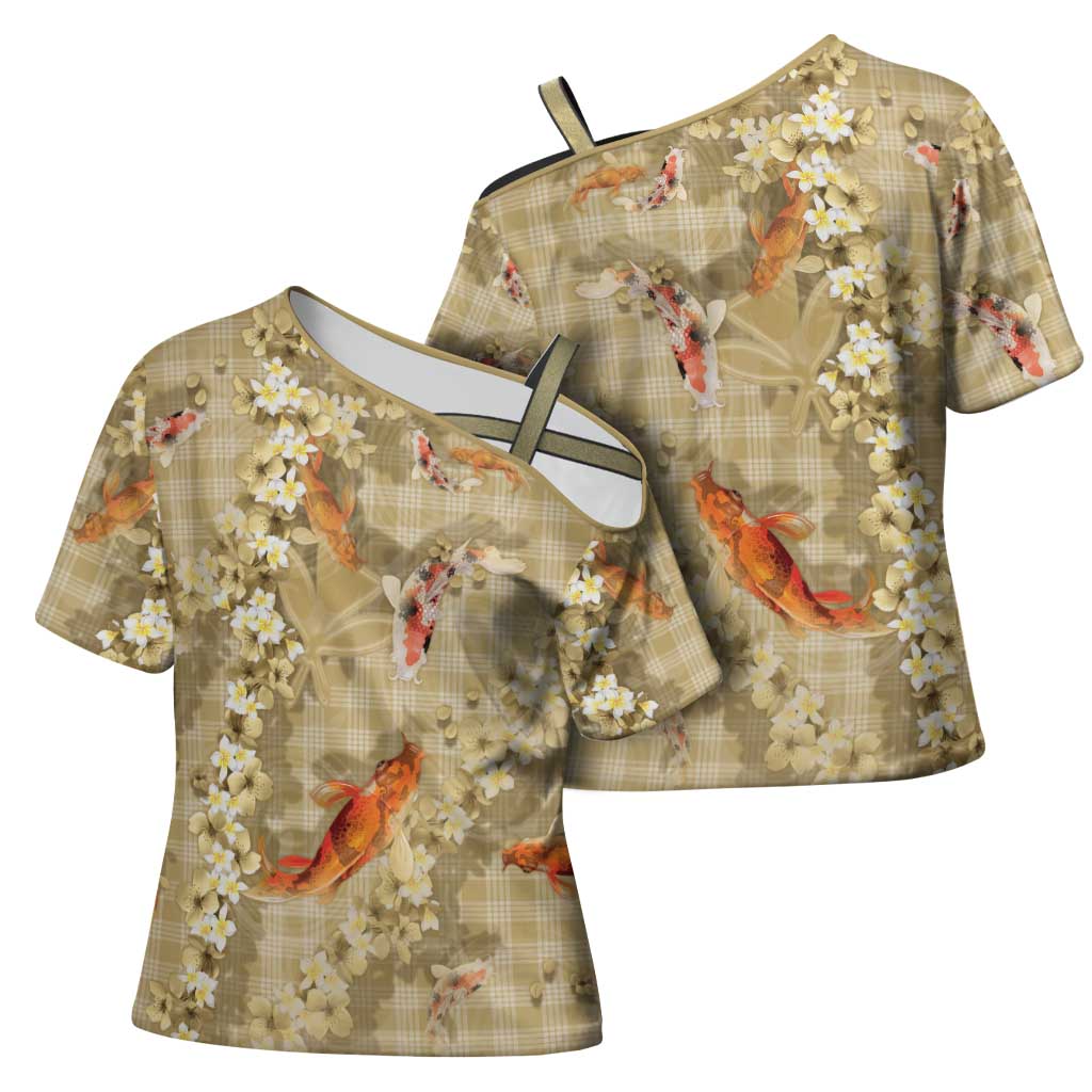 Beige Palaka Hawaiian And Japanese Cross Shoulder Shirt Sakura Lei With Koi Fish DT05 - Polynesian Pride