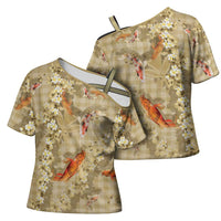 Beige Palaka Hawaiian And Japanese Cross Shoulder Shirt Sakura Lei With Koi Fish DT05 - Polynesian Pride
