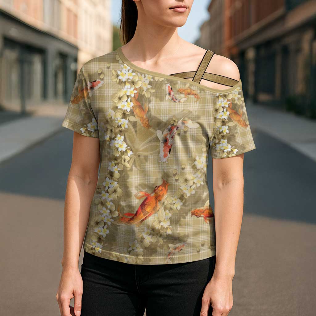 Beige Palaka Hawaiian And Japanese Cross Shoulder Shirt Sakura Lei With Koi Fish DT05 - Polynesian Pride