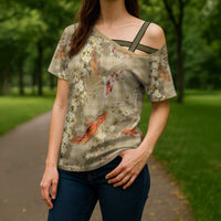 Beige Palaka Hawaiian And Japanese Cross Shoulder Shirt Sakura Lei With Koi Fish DT05 - Polynesian Pride