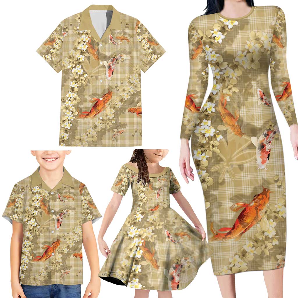Beige Palaka Hawaiian And Japanese Family Matching Long Sleeve Bodycon Dress and Hawaiian Shirt Sakura Lei With Koi Fish - Polynesian Pride