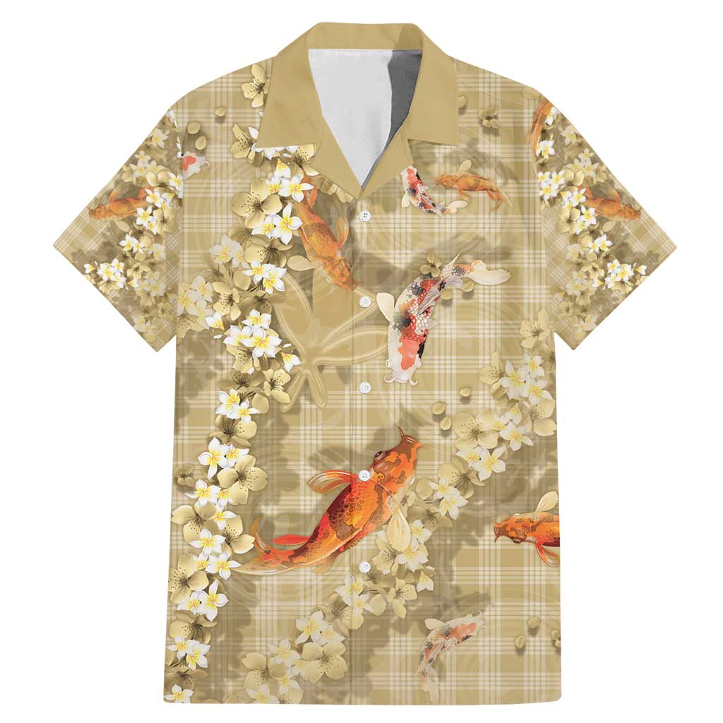 Beige Palaka Hawaiian And Japanese Family Matching Mermaid Dress and Hawaiian Shirt Sakura Lei With Koi Fish - Polynesian Pride