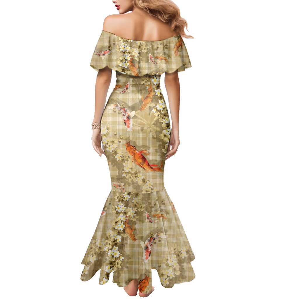 Beige Palaka Hawaiian And Japanese Family Matching Mermaid Dress and Hawaiian Shirt Sakura Lei With Koi Fish - Polynesian Pride