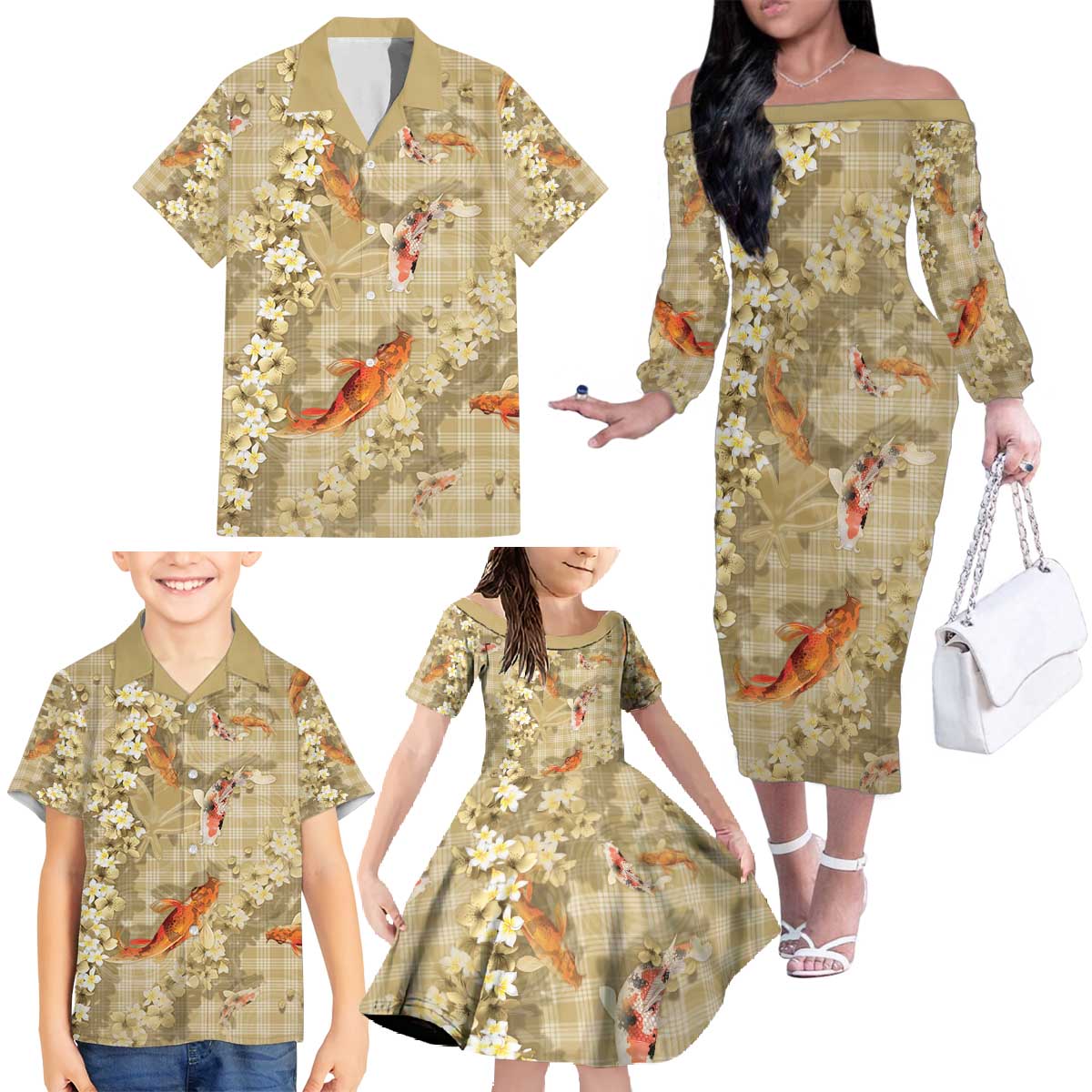 Beige Palaka Hawaiian And Japanese Family Matching Off The Shoulder Long Sleeve Dress and Hawaiian Shirt Sakura Lei With Koi Fish - Polynesian Pride
